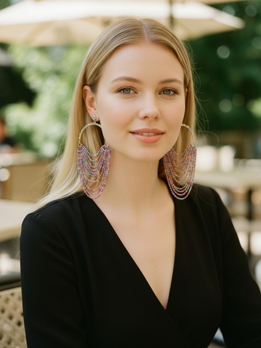 Multi-Color Glass Rhinestone Draped Chandelier Hoop Earrings - Picture 5 of 6